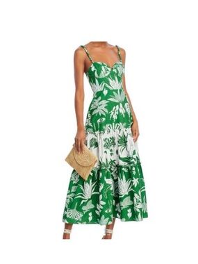 Green Tropical Print Tiered Midi Dress with Sweetheart Neckline XXS